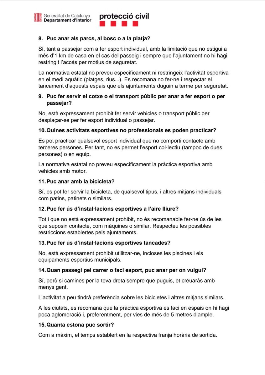 emergenciescat's tweet photo. ⭕ Preguntes freqüents FAQs sobre l’autorització per fer activitat física no professional a l’aire lliure en el #confinament per la #COVID19, per a persones de 14 anys o més. #ProteccioCivil #coronavirus https://t.co/Uod7Aurxne