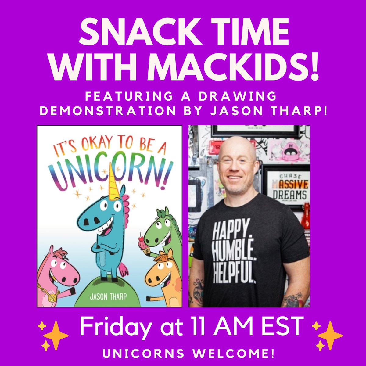 Jas0nTharp's tweet photo. A reminder for all unicorn fans! ✨🦄✨
Join me today on @MacKidsBooks at 11 AM EST for SnackTime with MacKids. I will be showing you how to draw the one and only Cornelius J. Sparkleseed from IT'S OKAY TO BE A UNICORN! 🖌️ 🌈 #itsokaytobeaunicorn #author #illustrator #drawithme https://t.co/s4hSokDYhJ
