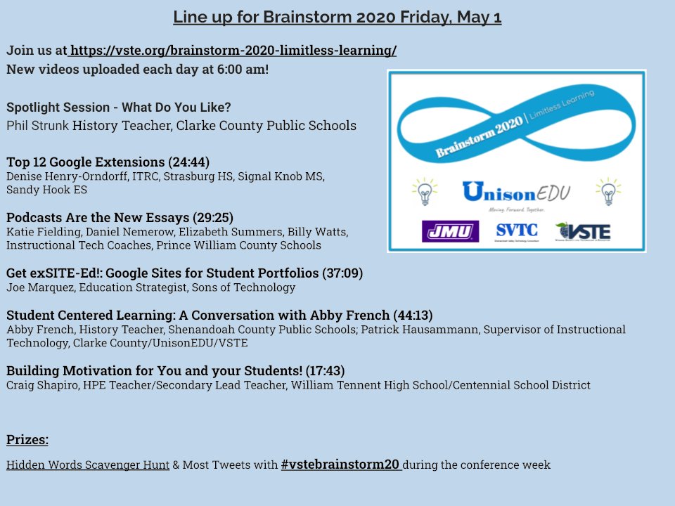 PHausEDU's tweet photo. Seriously! Have you seen today's lineup for #vstebrainstorm20 ?! Catch this sessions today!
@MrPStrunk @dhorndorff @JoeMarquez70 @awfrench1 @Shapiro_WTHS @KatieF @mrbillywatts @MrNumero @BizzyITC
https://t.co/Io9lSPx0Tv https://t.co/PGXEQB6ZUq