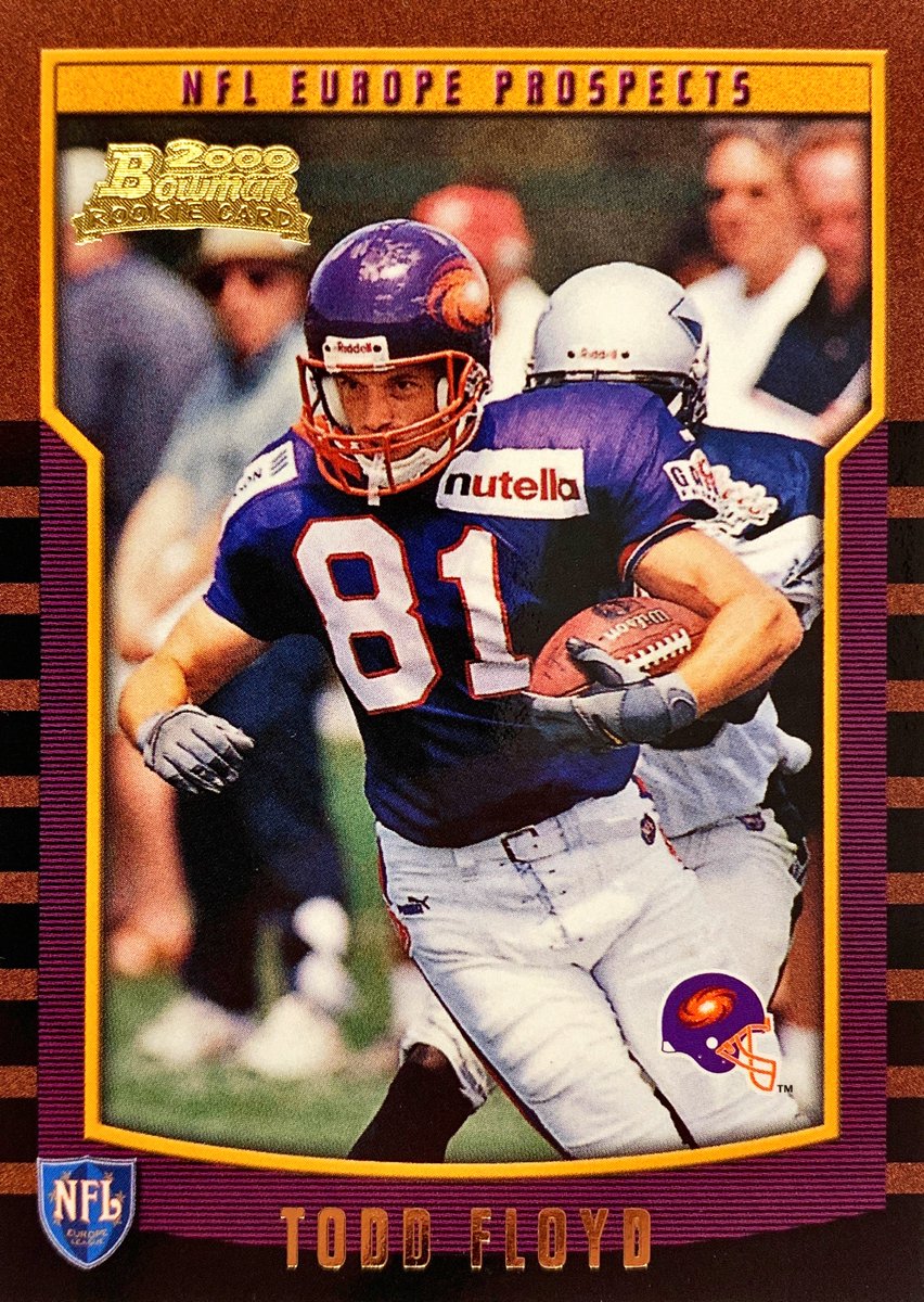 NFLECards's tweet photo. Ranked 4th in 2000 #NFLEurope in catches (45) &amp; yards receiving (757). Caught 71-yard TD in finale with #BerlinThunder.

Todd Floyd #FrankfurtGalaxy - 2000 #Bowman #160

#NFLECards #NFL #Football #TradingCards https://t.co/cEggugXR0m