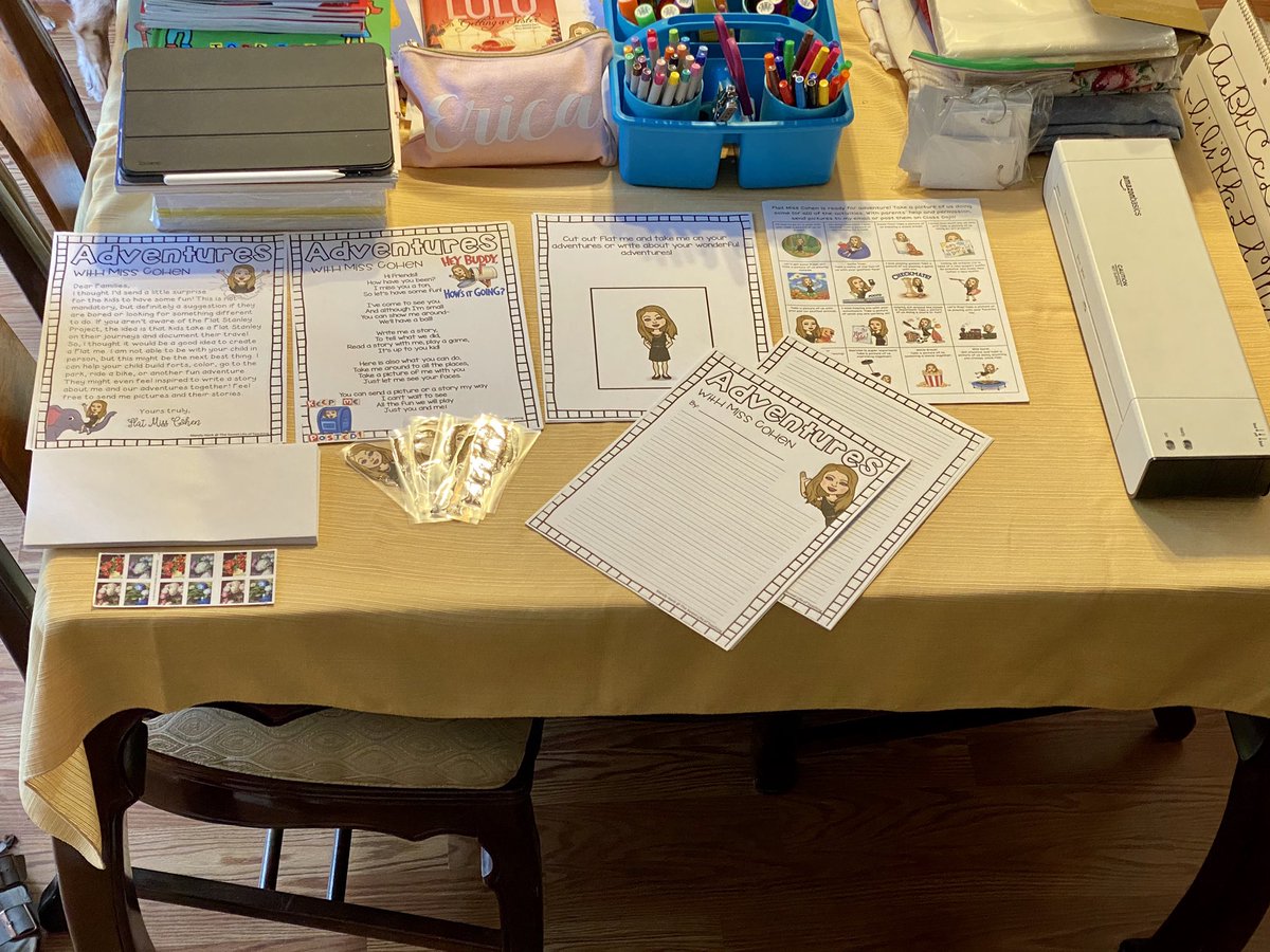 TeacherErica123's tweet photo. Flat Miss Cohen is on her way for some new adventures!! “Coming soon to your mailbox!” I’m so excited for my students to get an actual piece of mail and even more thrilled to see how creative they can get with their flat teacher. #flatteacherproject #flatstanley #distancelearning https://t.co/tRkYPpiTvp