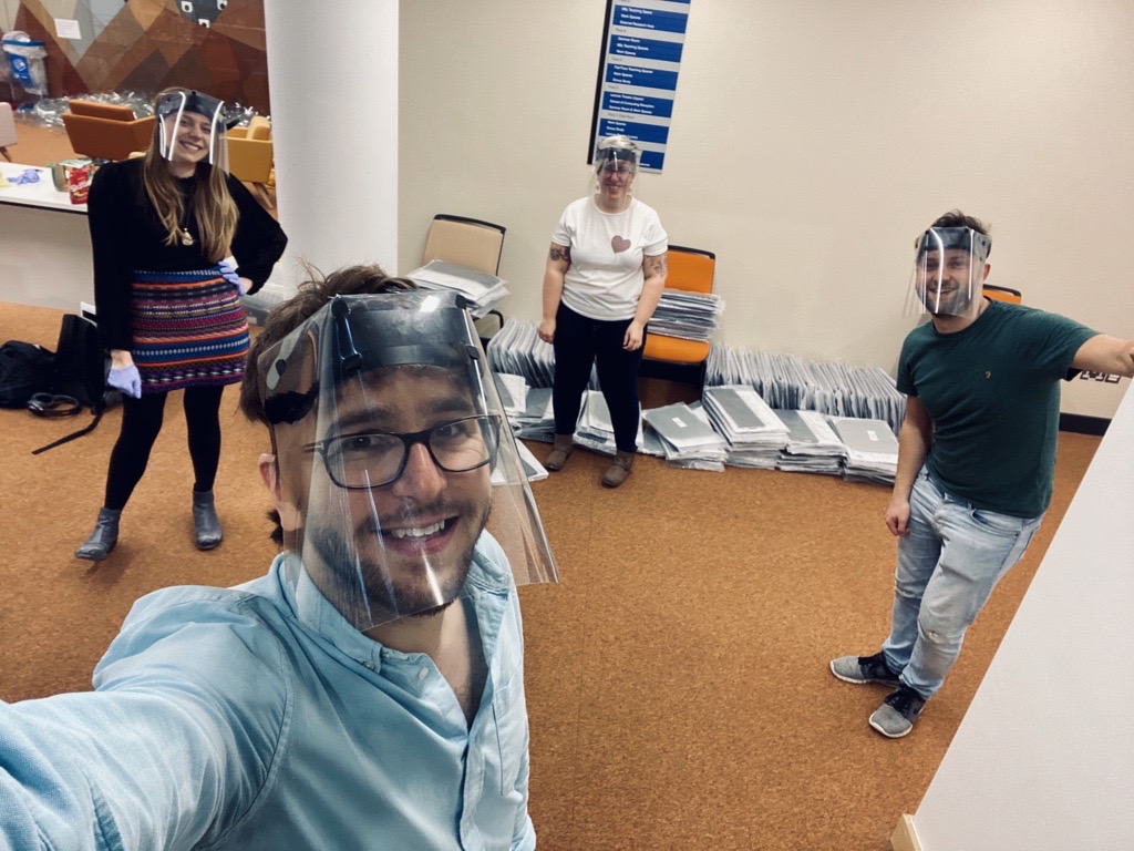These are the tired but happy smiles of the <a href="/OpenLab_Ncl/">Open Lab - Newcastle University</a>  team who packed 5000+ Hannan face visors @computingncl to be given to front-line health workers!
Yesterday, Tom, <a href="/ZndrP/">Zander Wilson</a>,@rbecsem and I worked to get this donation ready as part of <a href="/UniofNewcastle/">Newcastle University</a>'s GetPPE-NCL project. #ppe