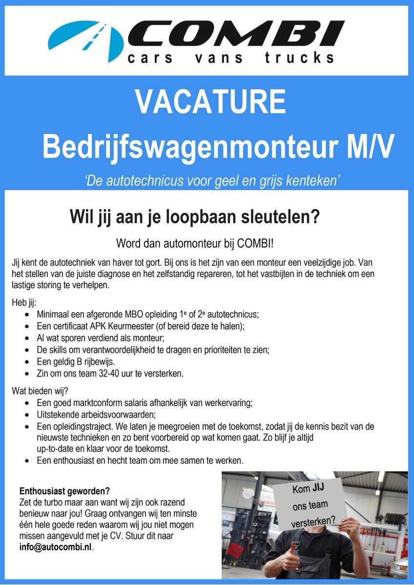 AutoCombi's tweet image. Vacature bedrijfswagenmonteur bij Combi! autocombi.nl/over-ons/vacat…