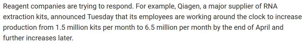 Qiagen says they can ramp up to 6.5mn kits a month by April, and 10mn/mo by June. Say, the other two are similar-ish. Thats about 40-50mn/mo.That is *per month*. We need to do, just for US, 6mn/day*30d = 180mn. Huge gulf!Image source:  https://www.sciencemag.org/news/2020/03/standard-coronavirus-test-if-available-works-well-can-new-diagnostics-help-pandemic(12/n)