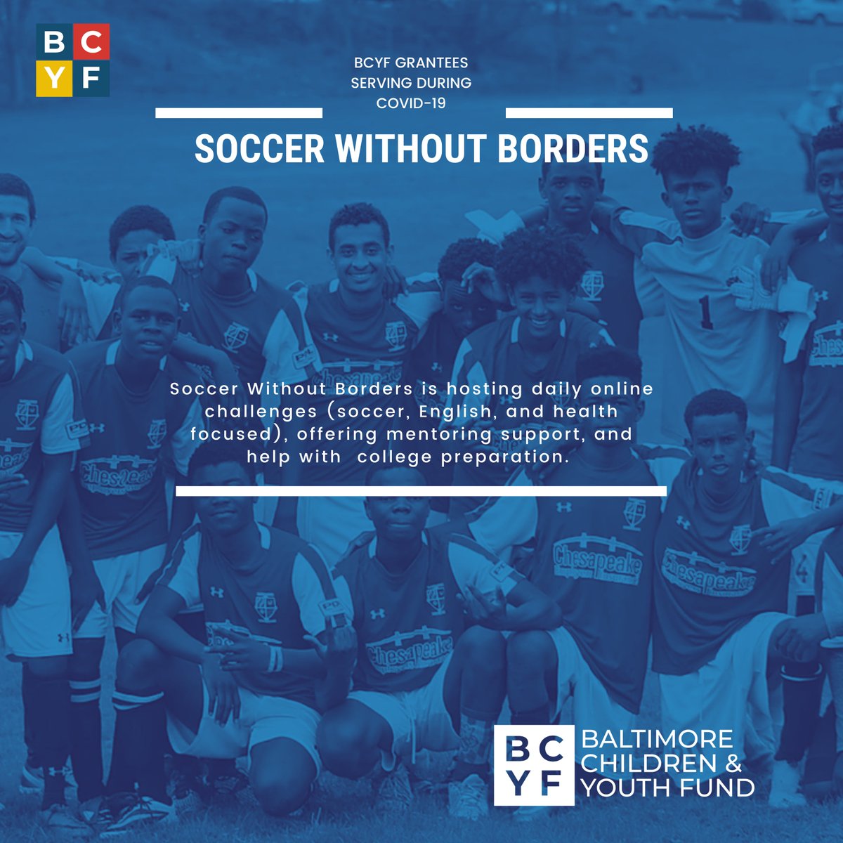 bcyfund's tweet photo. Soccer Without Borders is hosting daily online challenges (soccer, English, and health-focused), offering mentoring support, and help with college preparation. #Baltimore #MyBmore #wearebaltimore #BCYF #youth #children #BCYFUND #soccer #Covid_19 #coronavirus #coronavirusbalt https://t.co/By1bhMIQC6