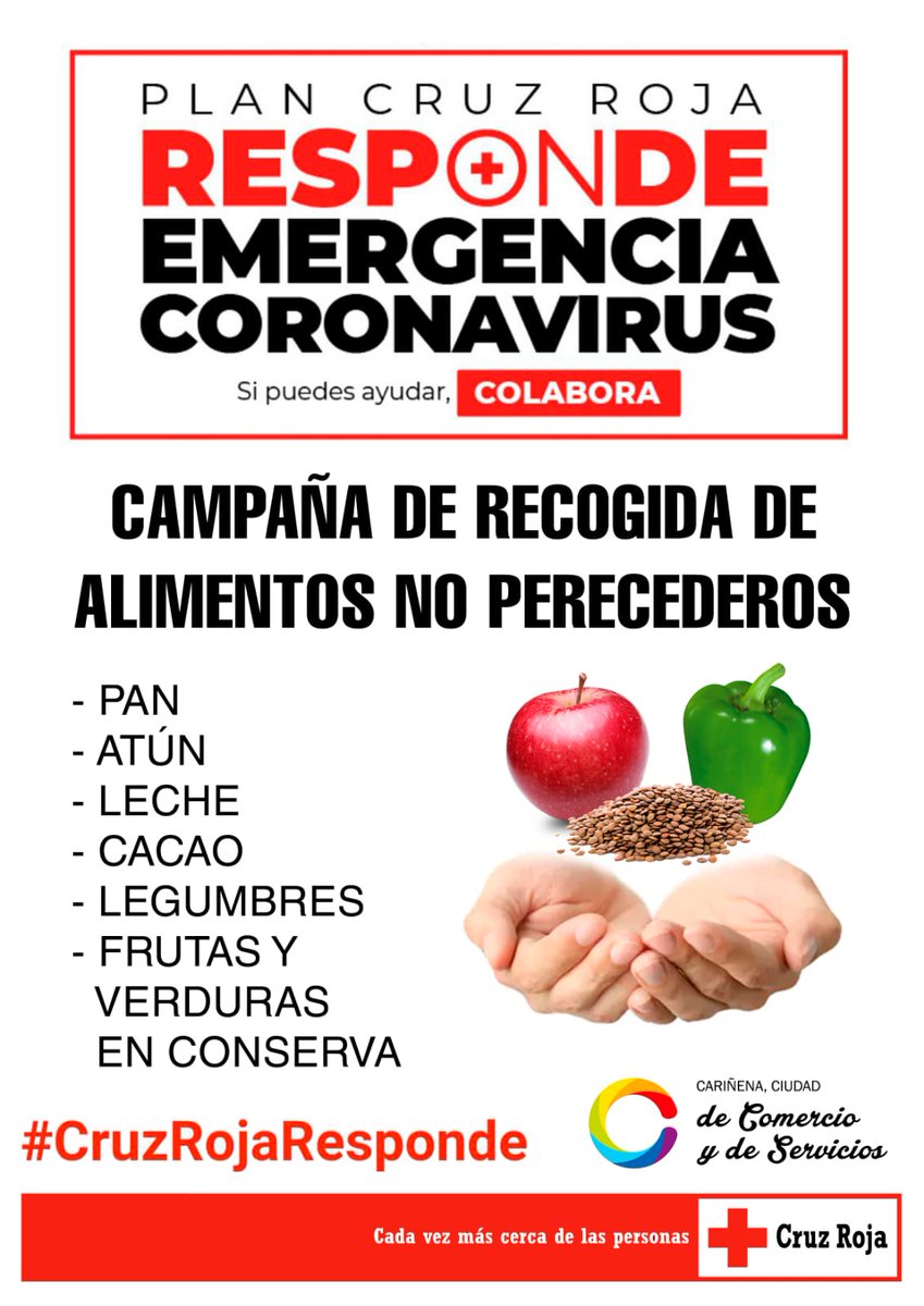 Cruz Roja en Cariñena (@crecarinena) on Twitter photo El Comercio de Cariñena se une al plan #CruzRojaResponde.
Organizamos una recogida de alimentos para ayudar a los más desfavorecidos en esta emergencia.
#SiPuedesColabora
<a href="/CruzRojaZgz/">Cruz Roja en Zaragoza</a> <a href="/carinenasemueve/">Cariñena Se Mueve</a> El Comercio de Cariñena se une al plan #CruzRojaResponde.
Organizamos una recogida de alimentos para ayudar a los más desfavorecidos en esta emergencia.
#SiPuedesColabora
<a href="/CruzRojaZgz/">Cruz Roja en Zaragoza</a> <a href="/carinenasemueve/">Cariñena Se Mueve</a>