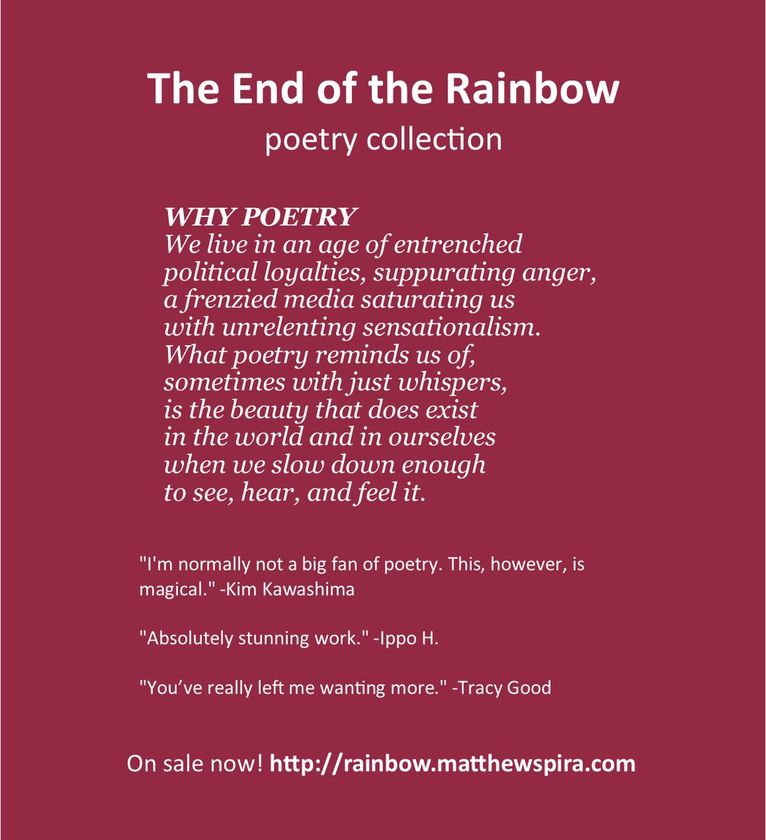 MatthewSpira's tweet photo. First poetry collection, The End of the Rainbow, on sale now! https://t.co/cqetova6Km https://t.co/5x36ZJT9Tu