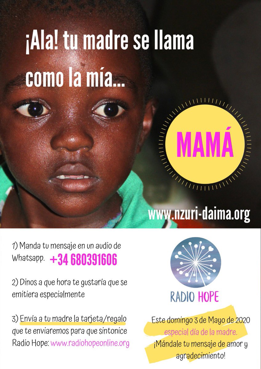 NzuriDaima's tweet photo. ¿Quieres regalarle algo especial para el #DíaDeLaMadre?
Un mensaje para sentirte cerca hará que sea inolvidable!!!
Manda tu mensaje, escribe su nombre y a la hora que quieres que lo escuche en #RadioHope!
📻Sintoniza https://t.co/b0kATrtZIx 
#UniendoLatidos #AcortandoDistancias https://t.co/jGqaInlN2X