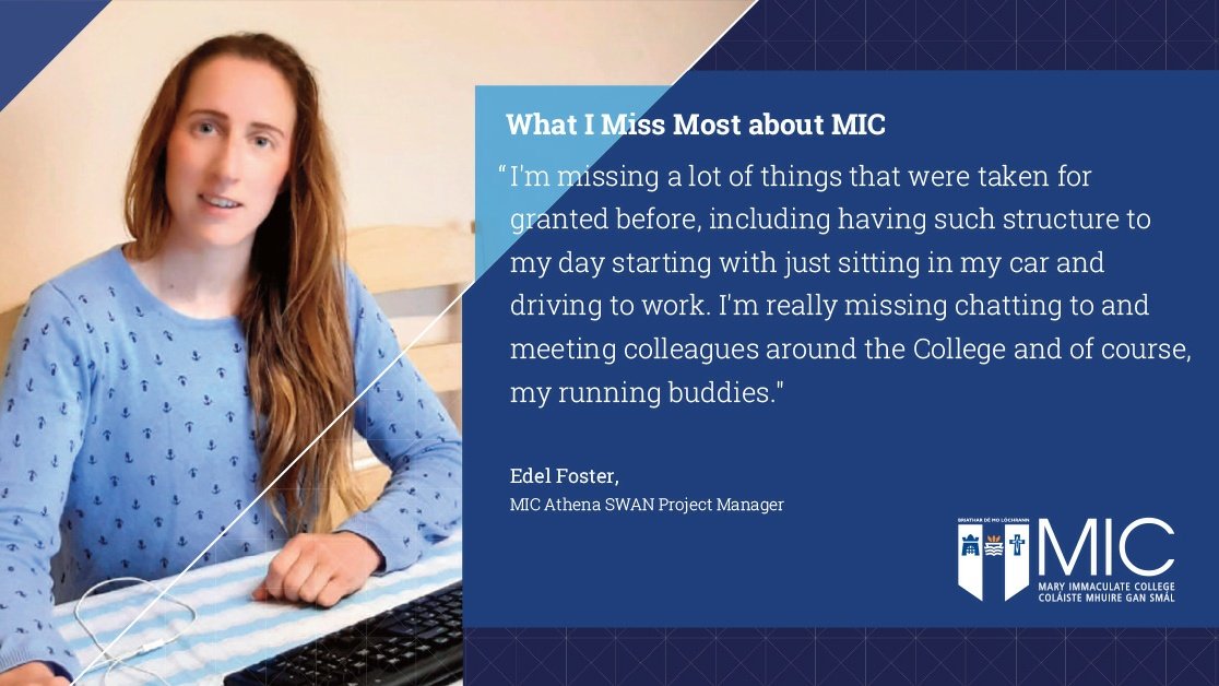 MICThurles's tweet photo. At #MIC we recently received an Athena SWAN Institution Bronze Award - an award that we are extremely proud of.
Today, @MICAthenaSWAN Project Manager, Edel Foster, shares what she's missing most about MIC as she works from home.
#MissingMIC #WorkingFromHome https://t.co/Ang9rqQ0wA