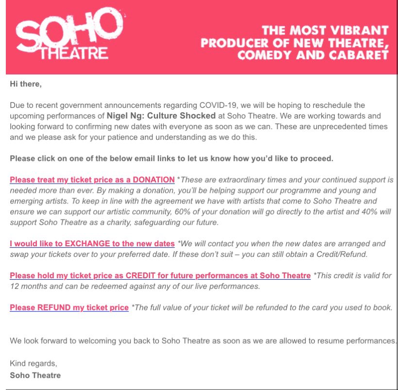 It’s disappointing when events get cancelled, but I strongly urge anyone who has booked to see an independent artist, to consider their ticket price a donation (if they’re in a position to do so). 

<a href="/sohotheatre/">Soho Theatre</a> <a href="/MrNigelNg/">Nigel Ng (Uncle Roger)</a> #SupportArtists #Comedy <a href="/DeborahFW/">DeborahFrances-White</a> @fortunefunny