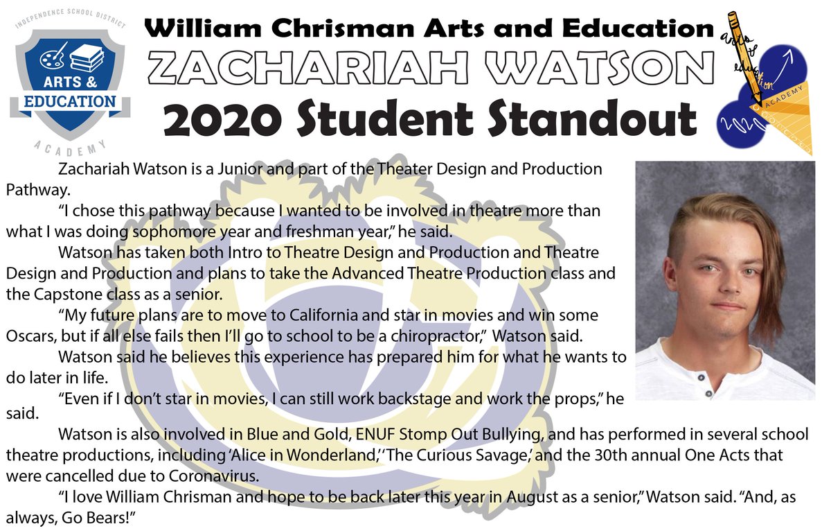 We want to continue to recognize our students while we're away and are extending our Student Spotlights. Still waiting for responses to our Spotlight Survey, but as they are submitted, we will release new Spotlights. 
Today's Spotlight: Zachariah Watson