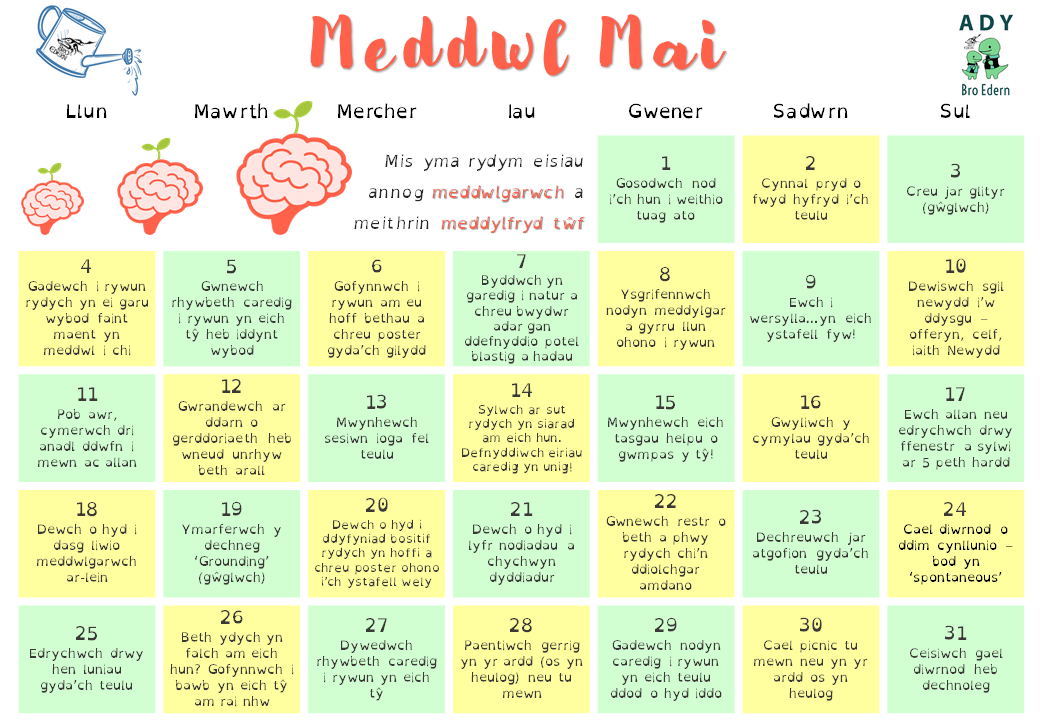 BroEdernADY's tweet photo. Rydym wedi creu calendr 'Meddwl Mai' i chi ddilyn! Tro 'ma yn annog meddwlgarwch a meithrin meddylfryd tŵf!
🌱🧠
We've made 'Mindful May' calendar for you to follow! This time to encourage mindfulness and nourish a growth mindset! https://t.co/Z5IpY4zm01