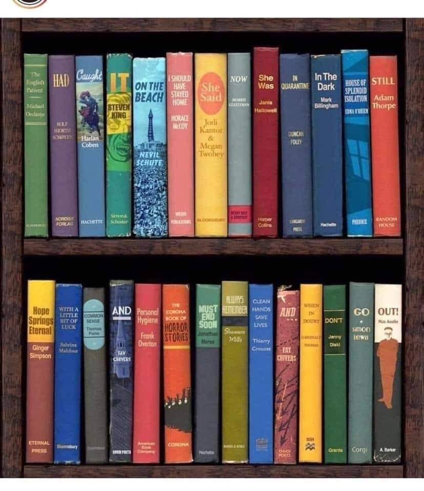 Hipbooks's tweet photo. A little Friday picture play- The COVID-19 Bookshelf...Read the titles from left to right.
#hiptips #hipbooks #teaching #reading #ela #ya #yalit #distancelearning https://t.co/gWSudC1IfA