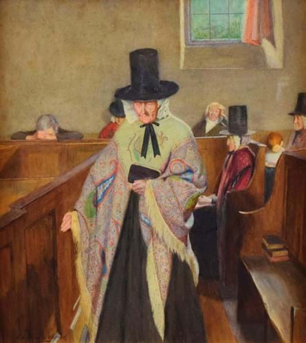 aliceculture's tweet photo. @YorkshireMuseum of course one of the best known paintings with a #welshhat #besthat #CURATORBATTLE is Salem, by Sydney Curnow. @artfund The depiction of Welsh piety - when the chapel was at the heart of Welsh life, is also supposed to show the devil - can you spot him? @CeredigionMus @NLWales https://t.co/lO8w1DNOGZ
