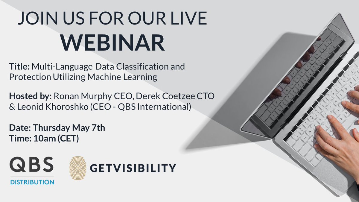 Get_visibility's tweet photo. Join us for our live webinar on May 7th at 10am (CET). Where our CEO Ronan Murphy and our CTO Derek Coetzee will be joined by CEO Leonid Khoroshko of QBS International. 

Register Now: https://t.co/r4X78fWJfi https://t.co/4Gl5wENeDK
