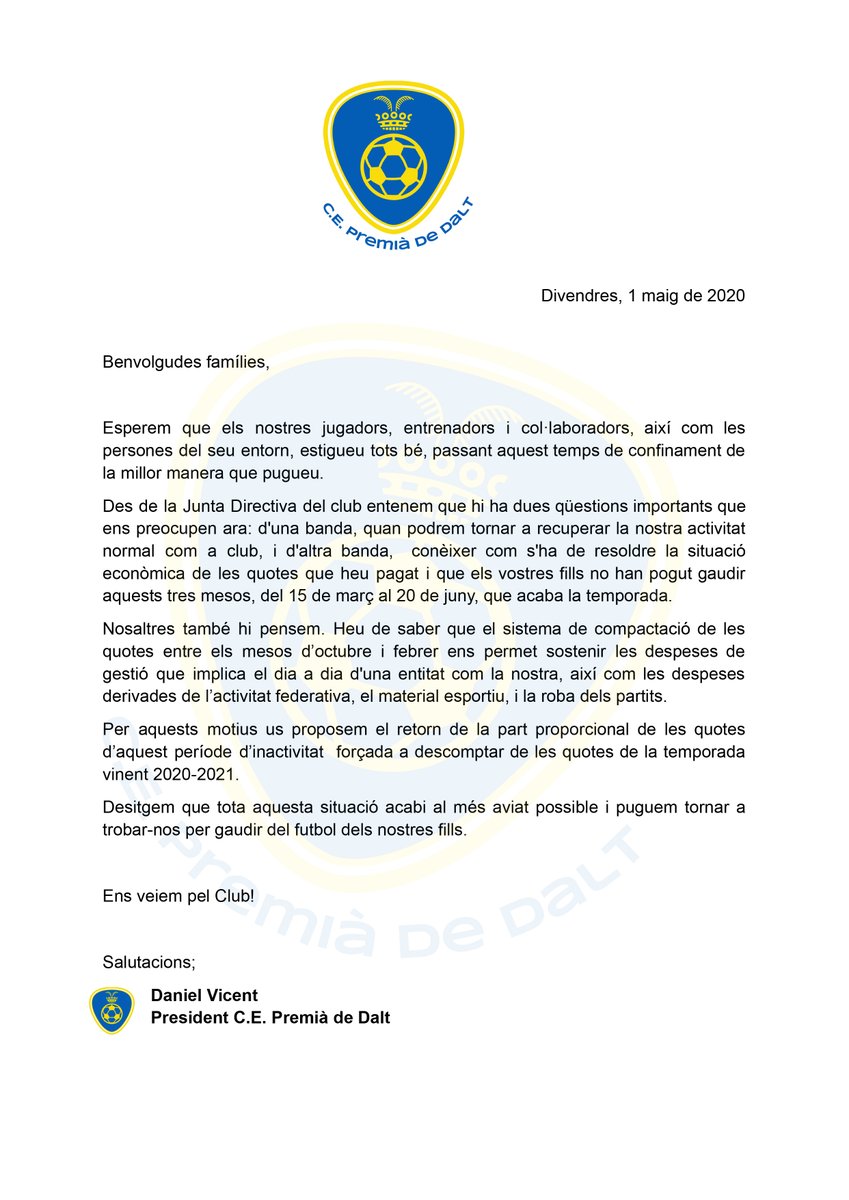 Comunicat C.E. Premià de Dalt
Dv, 1 maig de 2020
Benvolgudes famílies,
Esperem que els nostres jugadors, entrenadors i col·laboradors, així com les persones del seu entorn, estigueu tots bé, passant aquest temps de confinament de la millor manera que pugueu.

 #CEPremiàdeDalt