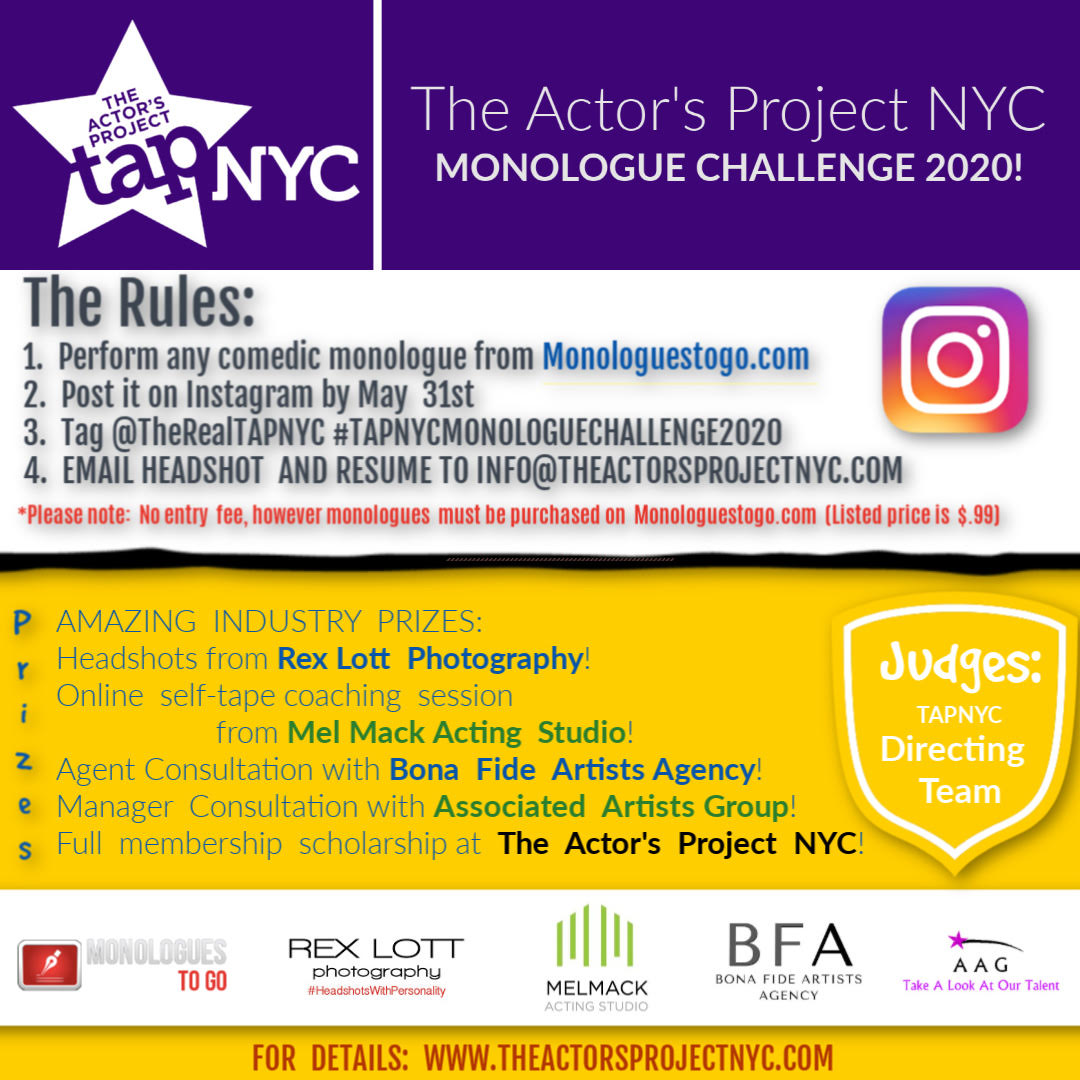 MonologuesToGo's tweet photo. ATTENTION ALL ACTORS! We are teaming up with the incredible folks at @TAPNYC for a MONOLOGUE CHALLENGE! Follow the steps in the photo (or in the thread) for the chance to win some exciting prizes 🤩🎭 https://t.co/s35iiRS7VO
