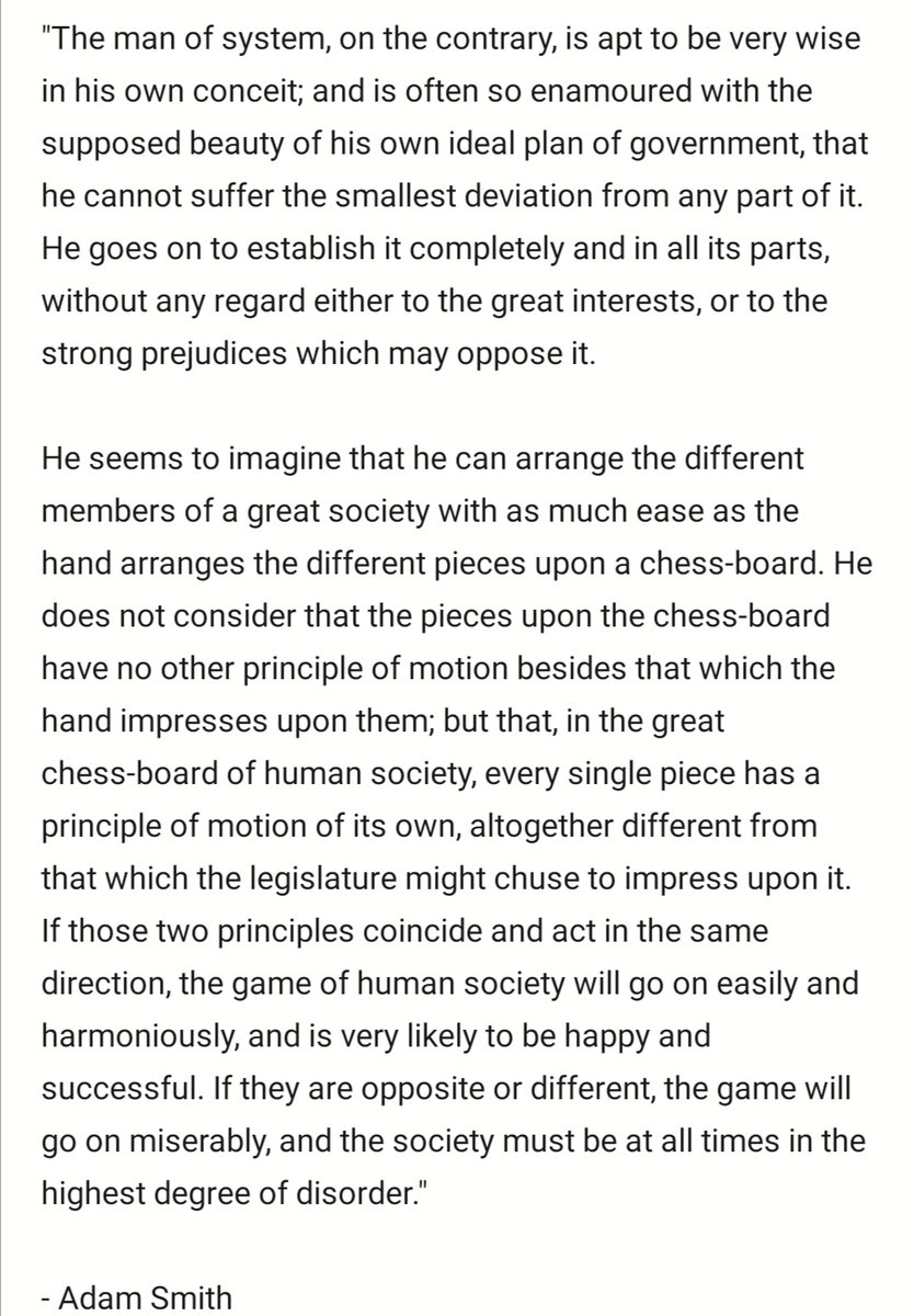 Human beings are not chess pieces which can be moved around at will, but in order to get a central plan to work we would need to be moved around as if we were chess pieces - hence the need for significant restrictions on autonomy, and "re-education" etc https://twitter.com/Evollaqi/status/1254589126692782081?s=19