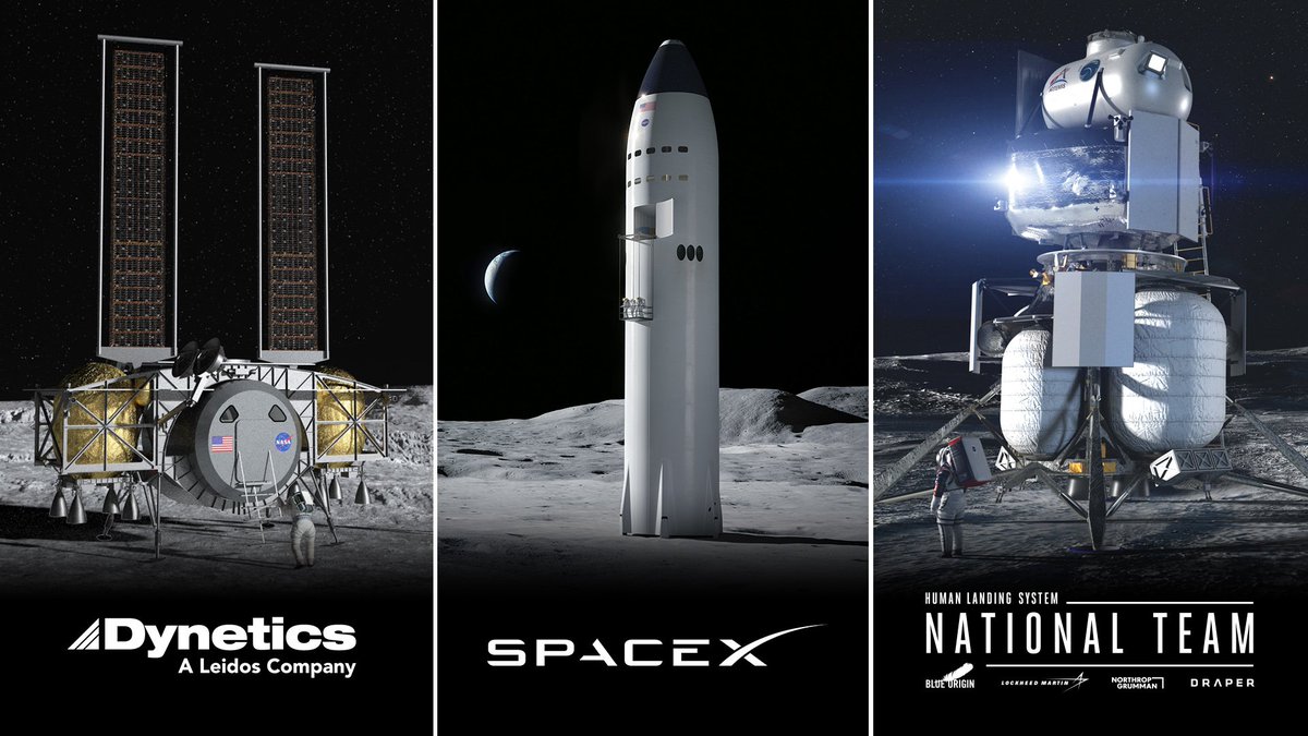 TechSpatiales's tweet photo. La NASA a choisi 3 consortiums pour le "Human Landing System" qui doivent essayer de poser des humains sur la Lune d'ici 4 ans. Ça vous intéresse de savoir ce que la NASA pense de chacun d'entre eux ? Son avis est parfois... cinglant.
👇👇Thread 👇👇 https://t.co/gvkKgCfz8o