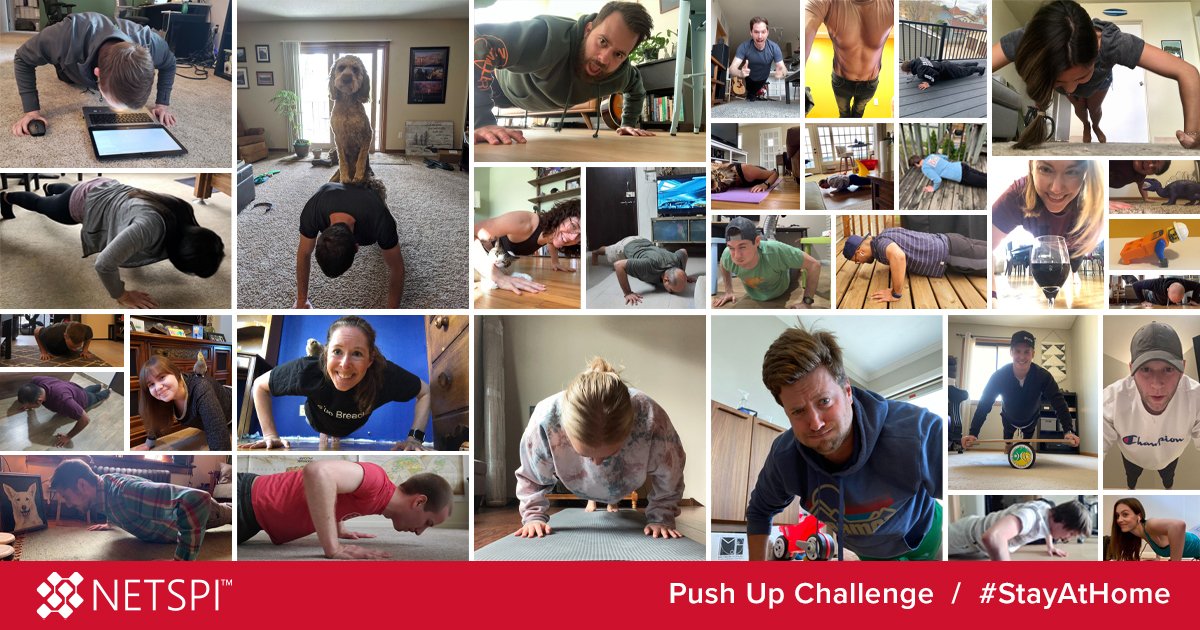 NetSPI's tweet photo. How is NetSPI coping with COVID-19? By challenging each other to do push-ups of course!

NetSPI employees engaged in the #PushupChallenge this week. Each nominated employee had to do 10 wellness push-ups and nominate three others. How'd it go? See for yourself! 💪😎 https://t.co/CRYgrMZk7h