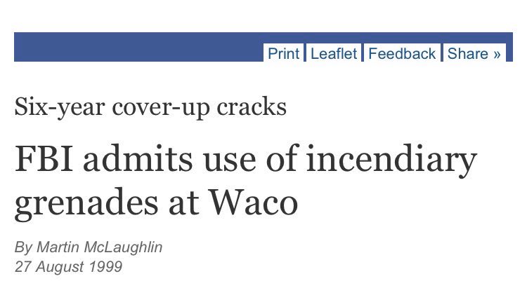 Years later....• A documentary crew gets access to the Waco evidence locker.• Finds *INCENDIARY GRENADES* in baggies, mismarked as benign items.• The bags are tagged according to where they were found in the wreckage.• They were found WHERE THE FIRES WERE STARTED
