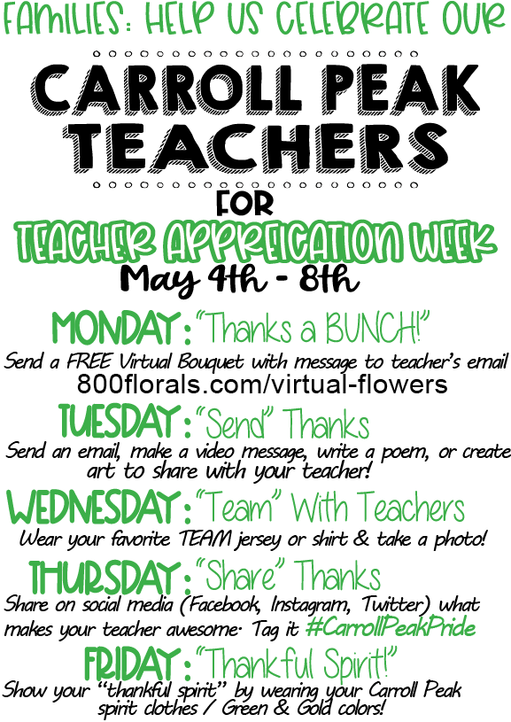 Carroll Peak Families:  Teacher Appreciation Week is Next Week! Below we have some ways we want to show our AMAZING TEACHERS how much we appreciate everything they do.....even from a distance! #CarrollPeakPride <a href="/SonjaStarrm/">Sonja Starr-Malone</a>
