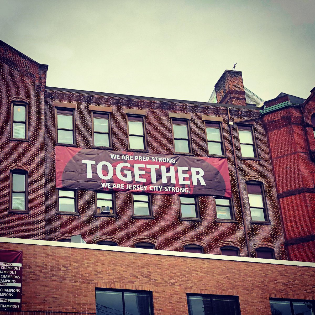 spprep's tweet photo. It’s a message that bears repeating. That’s why we’ve raised an even bigger banner, high up on the English building, for all our neighbors to see, for all our Prep family to be proud, and for all our everyday heroes to know we see and appreciate you. #together #jerseycitystrong https://t.co/kQDZ17vSa2