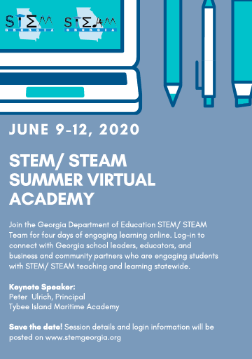 STEMGeorgia's tweet photo. SAVE THE DATE

Our free summer STEM/ STEAM Academy will be offered virtually! 

June 9-12, 2020

We'll have three sessions a day- join the ones that interest you.

More details to come! https://t.co/m9mnEmtjmG
