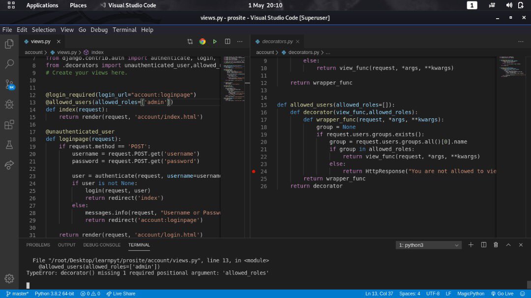 kaybrian4's tweet image. Day 17: so today I got to #pythonDecorators in my django project but I am stil not getting it well. I have failed in passing in the positional argument and I can’t figure it out. #Django #100DaysOfCode