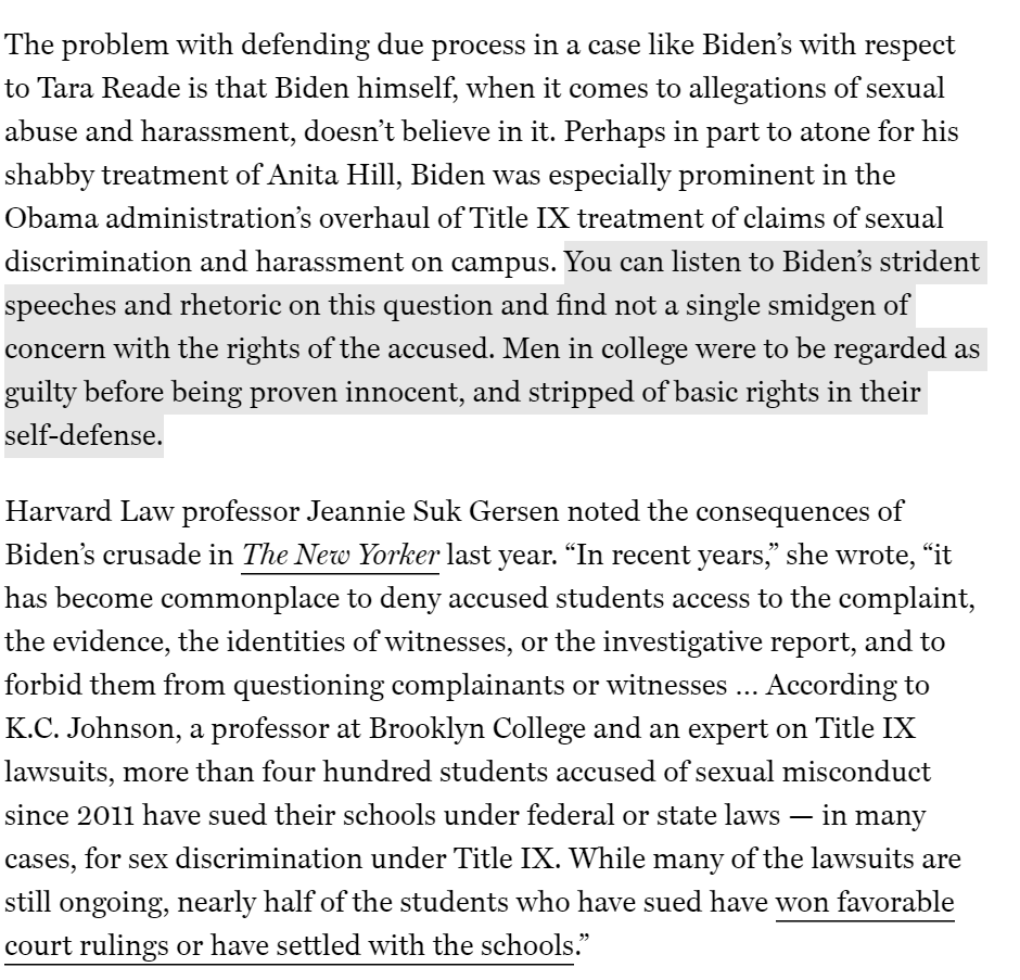 Excellent piece from <a href="/sullydish/">Andrew Sullivan</a>: "The problem with defending due process in a case like Biden’s [is]...Biden himself...You can listen to Biden’s strident speeches and rhetoric on this question and find not a single smidgen of concern with the rights of the accused."