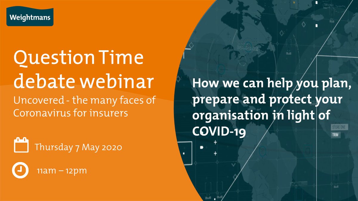 Weightmans's tweet photo. #Coronavirus has placed the #insurance market under the microscope. Joined by key panellists @neill_bob, @BIBAbroker &amp; @PwC_UK we will take account of a variety of perspectives, helping to foster consensus on the key issues and deliver actionable insights. https://t.co/22gAvkUn9S https://t.co/T59uaROijo