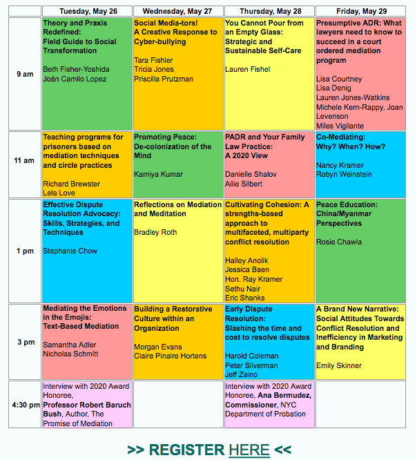 4 full days of experts sharing their wisdom on:
#socialtransformation
#presumptiveADR
#GroupConflictResolution
#peacebuilding
#Dialogue
#OnlineDisputeResolution 

Register today for #focusADRfwd our annual conference now ONLINE! acrgny.org/page-1862987 
<a href="/ACRgroup/">ACR</a>