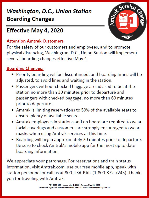 Amtrak's tweet photo. Service Advisory: For the safety of our customers and employees, and to promote physical distancing, Washington, D.C., Union Station will implement several boarding changes effective May 4. https://t.co/CJnAI5htRj