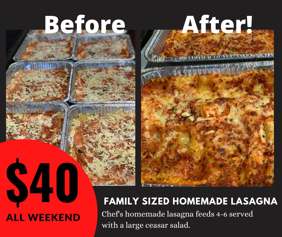 Our chefs have been hard at work preparing homemade lasagna.The aroma is delectable. Family-sized, it will serve 4-6 along with a large size Caesar salad. Available all weekend long for $40 while it lasts.  Call us at (905) 990-5009 to order yours.  papagiuseppes.com