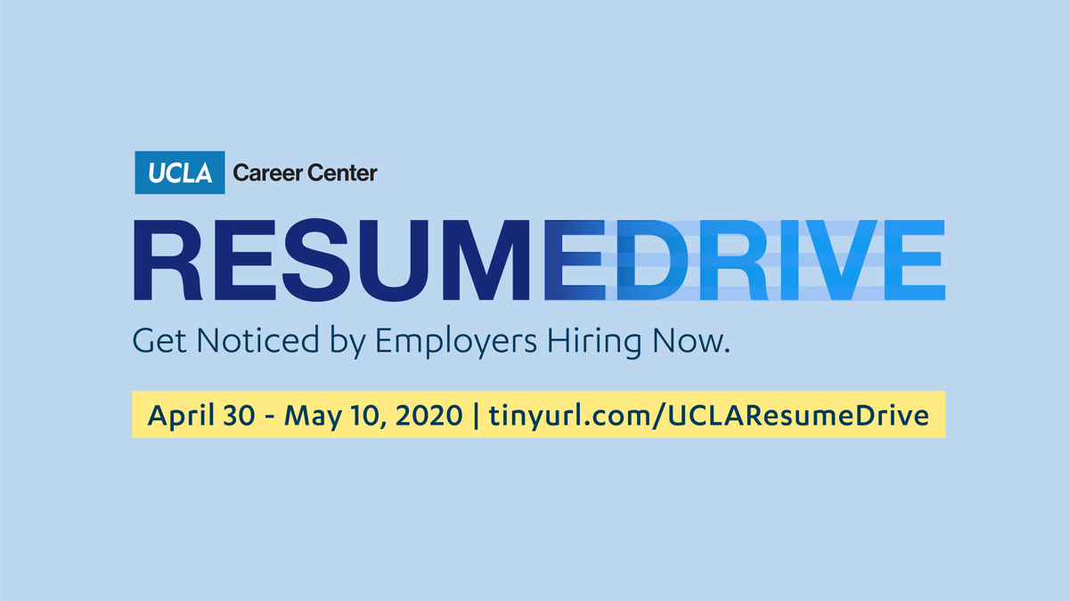 Get your resume in the hands of employers with UCLA’s Resume Drive! The Career Center is putting together a series of resume books to help connect you with companies that are actively hiring. Submit your resume via Handshake by Sunday, May 10.