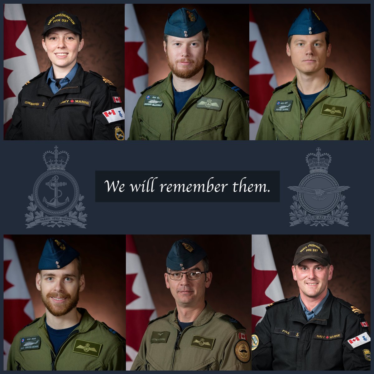 RCAF_ARC's tweet photo. We extend our deepest sympathies to the families and friends of our fallen and we hope they take comfort in knowing that they are not grieving alone.

Capt Brenden Ian MacDonald
Capt Kevin Hagen
Capt Maxime Miron-Morin
SLt Abbigail Cowbrough
SLt Matthew Pyke
MCpl Matthew Cousins https://t.co/22WWXIJ1O8