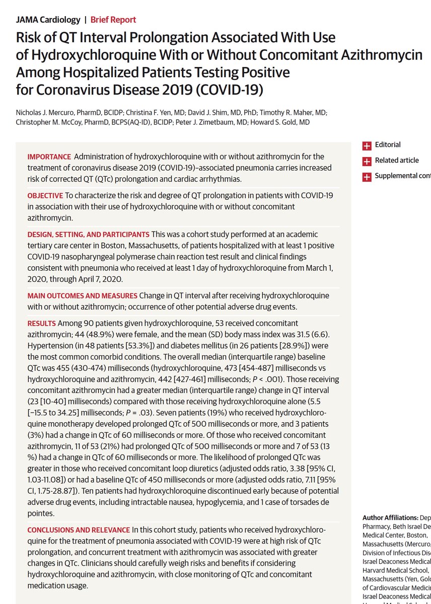 EricTopol's tweet photo. On the other hand, hydroxychloroquine, with or w/o azithromycin, IS associated w/ risk:  >90% of patients show ECG QTc prolongation, which is known to increase likelihood of serious heart rhythm disturbances
@JAMACardio today, 2 papers and an editorial
https://t.co/D1tVRhz01W https://t.co/kecBLhzRqO