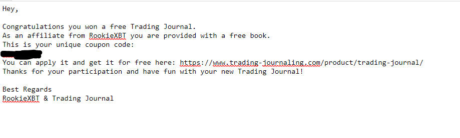 RookieXBT's tweet photo. Emails going out with discount codes to those who secured their free Journal last week.

This is just one of many things I plan on doing for those who use my affiliate link and fill out the form: https://t.co/suG21MN1te
https://t.co/jGDVrPs6OH

Aside from the $ I give weekly... https://t.co/Vhiodlgh17