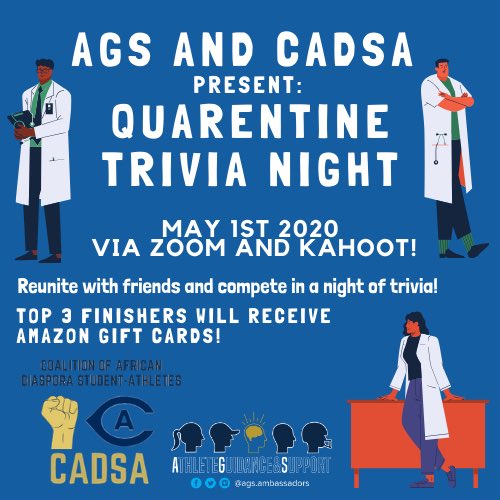 CADSAUCD's tweet photo. Looking to have a fun time while sheltering in place? AGS and CADSA are bringing you TRIVIA NIGHT tonight at 7pm! Play for a chance to win an Amazon gift card. (Zoom link below)

https://t.co/o66Ogiu9GF https://t.co/oyiscFx9qG