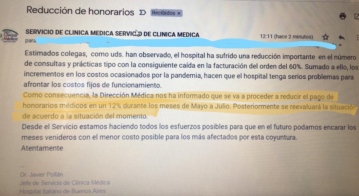 marianoemartin's tweet photo. Urgente: el Hospital Italiano les rebaja 12% el sueldo por tres meses, al menos, a los médicos en plena pandemia. https://t.co/AZkZGMuY6Q