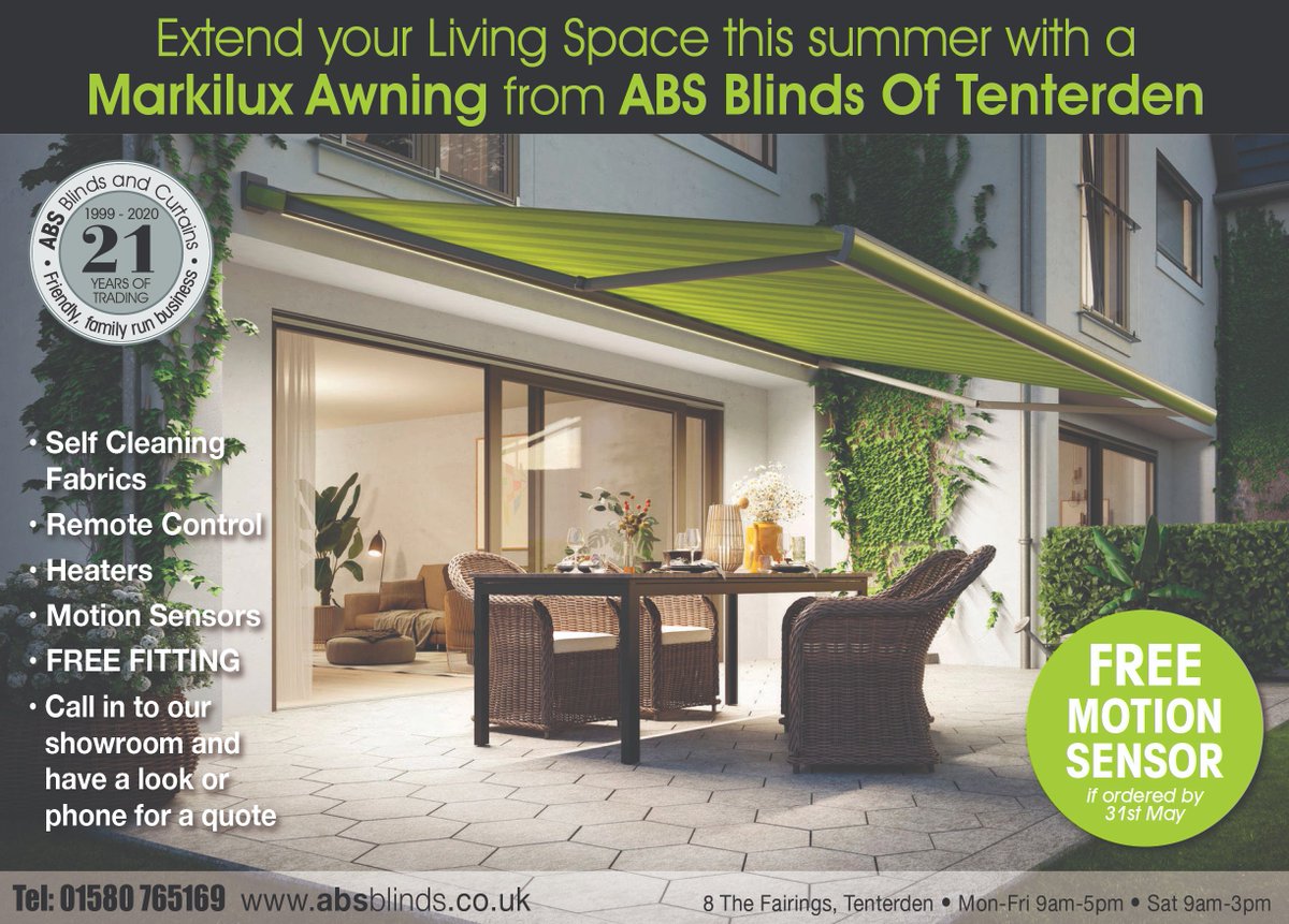 A Markilux Awning is a lovely addition to any garden. Wide range of Self Cleaning Fabrics as standard. A Free Motion Sensor is available if ordered by 31st May. Call 01580 765169 or email us at sales@absblinds.co.uk for a no obligation quotation.