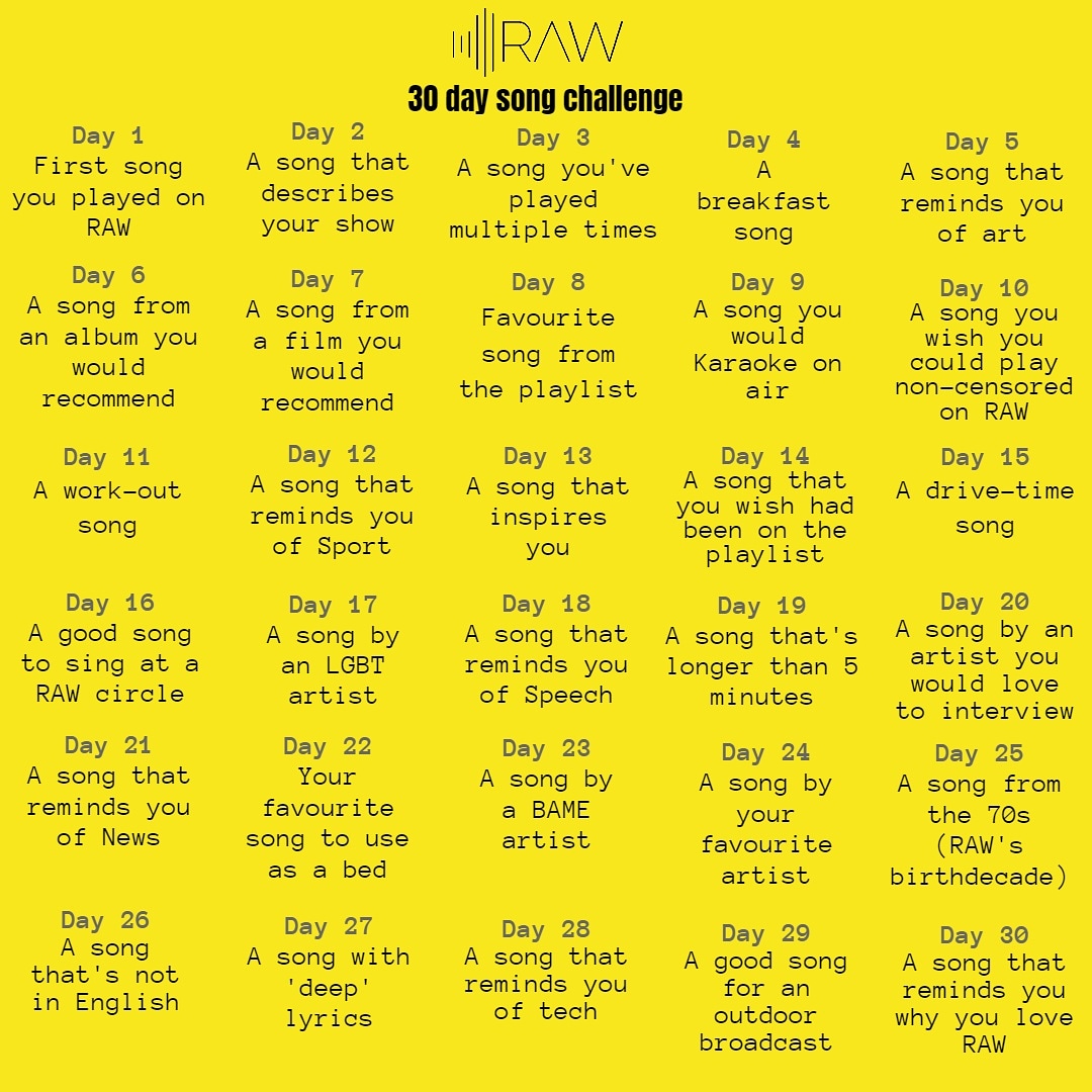 🎉We want to hear from you!!!🎉

The ultimate 30 day song challenge is here! Head over to any social media you prefer and give it a go! Remember to tag us!!!

Huge thanks to Crawford for creating this challenge!