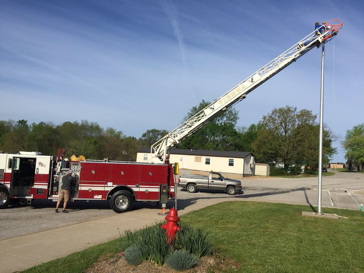 Thank you Vienna Fire Department for your assistance in repairing our high school flag pole.  Can you see the smile on the face of Benjamin Wilkinson as he is up on the ladder. Thank you for all you do for us as well as your service to our community.