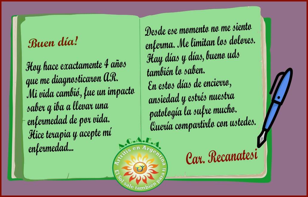 acaeaoficial's tweet photo. Compartimos está historia que nos deja Car Recanatesi.¡Abrazos suavecitos Car!
#ACAEA #ACAEA_testimonios #yomequedoencasa #articulaciones #Artritisreumatoide #cuarentena https://t.co/AAud9PFDpR