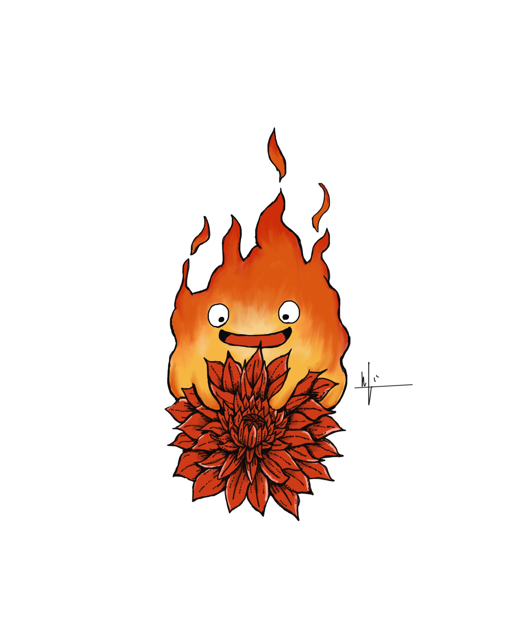 Koji A Twitter 絵を描きました 9月の誕生花 ダリア とカルシファー 花言葉は 優雅 気品 赤いダリアと燃える炎 9月生まれの方 待ち受けにどうですか 笑