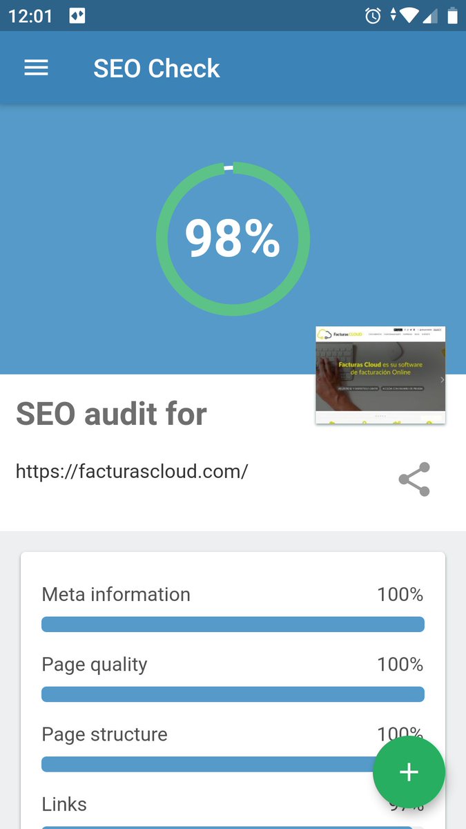 FacturasCloud's tweet photo. Gracias @javisevilla y al curso de seo profesional que estáis impartiendo. Estamos cerca del 100% de optimización SEO de nuestra web https://t.co/8AbxBGd5h2 #cursoseoprofesional #facturascloud #programafacturaciongratis #softwarefacturacion https://t.co/qgOZsJemE4