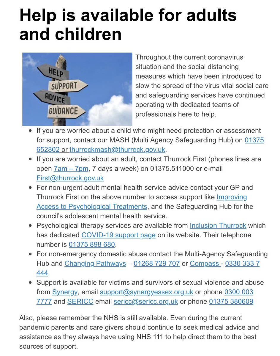I’ve released a reminder that social care is fully operational. Don’t build up issues - go to our one stop shops if you need support (not social media!) For child services it’s 01375 652 802 - thurrockmash@thurrock.gov.uk &amp; adults is 01375 511 000 - thurrock.first@thurrock.gov.uk