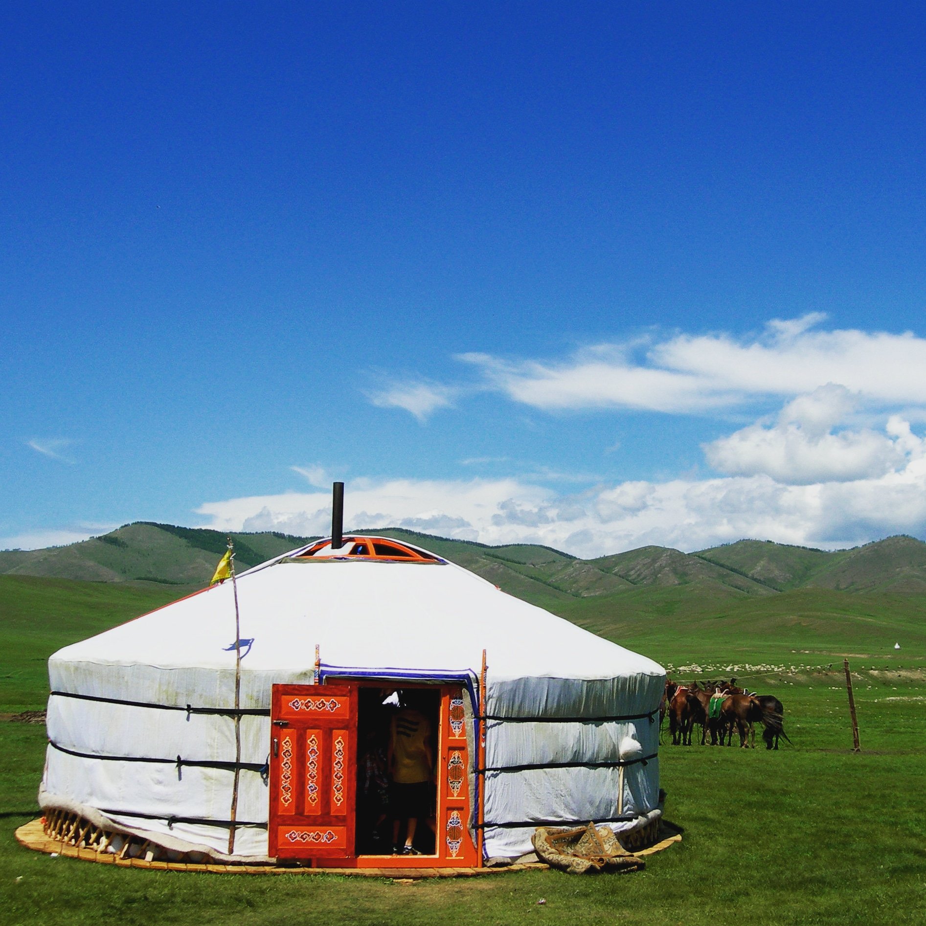 インフ モンゴルのゲル ゲルは モンゴル遊牧民の伝統的移動式住居のこと どこまでも広がる大草原に ぽつんと一軒家 馬や羊と共に生き ミルクやバター チーズ 馬乳から作ったヨーグルトのような 馬乳酒が健康を支えています あー馬に乗りたい