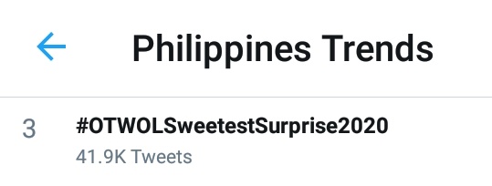 lovexpsyche's tweet photo. Ended the episode at the third spot with 41.9K tweets! 

Next week ulit, OTWOListas 💜

#OTWOLSweetestSurprise2020 
📷ctto https://t.co/oS3Er2HCLN