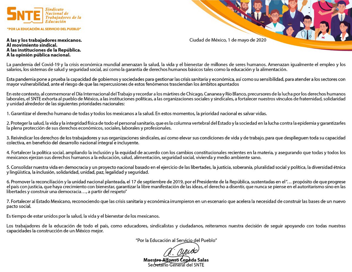 secc11cdmx's tweet photo. 🇲🇽 Pronunciamiento #SNTE #1deMayo 🤝 Día del Trabajo
✅ A las y los trabajadores mexicanos.
✅ Al movimiento sindical.
✅ A las instituciones de la República.
✅ A la opinión pública nacional.
#UnidadFortalezaSNTE ✍️#EnUnidadPorLaEducacion #SNTEJusticiayDignidad
#PAAE #NoDocente https://t.co/sf5AuLGfma